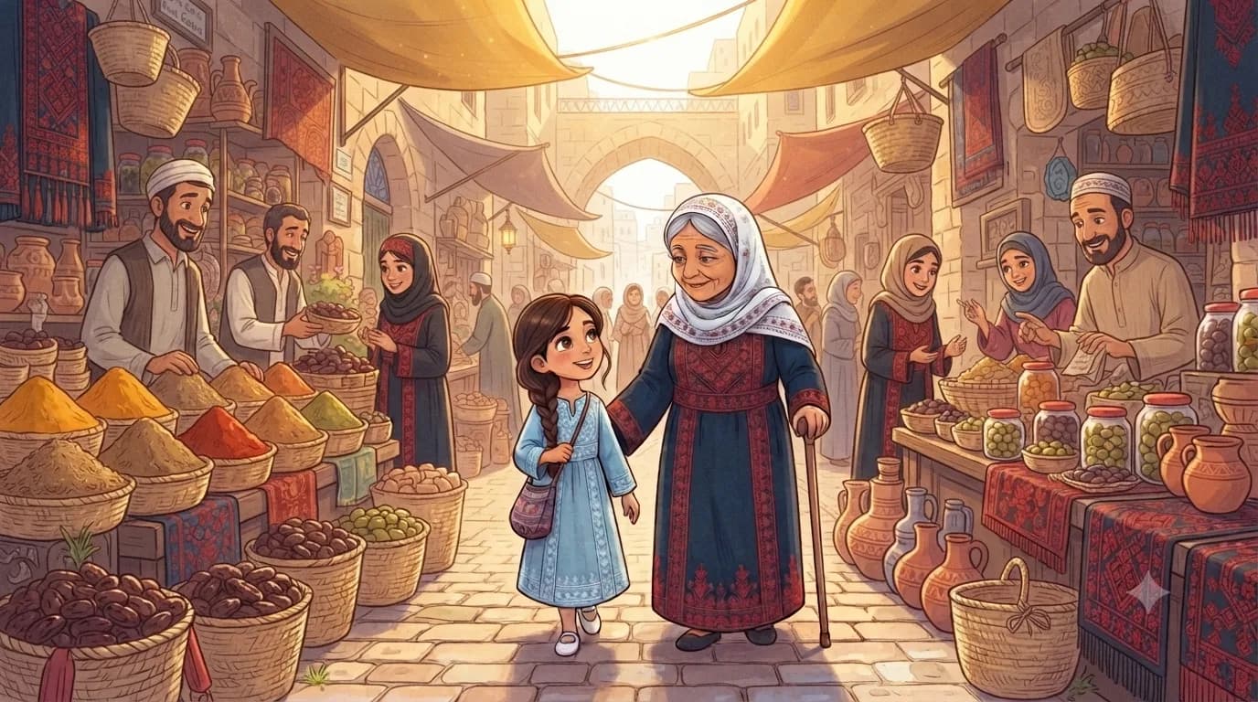 Noor and her grandmother strolling through the bustling market of Old Gaza