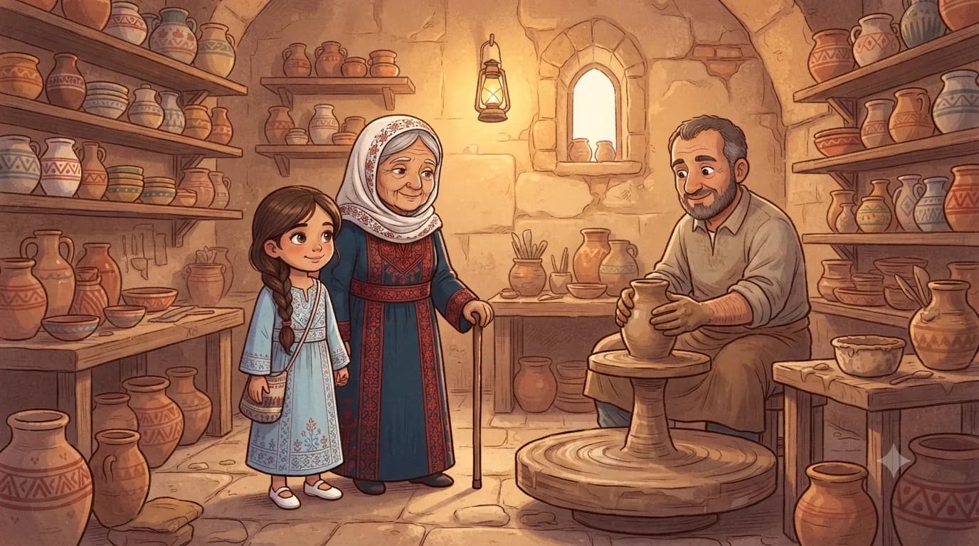 Noor and her grandmother admiring pottery in the craftsman's shop