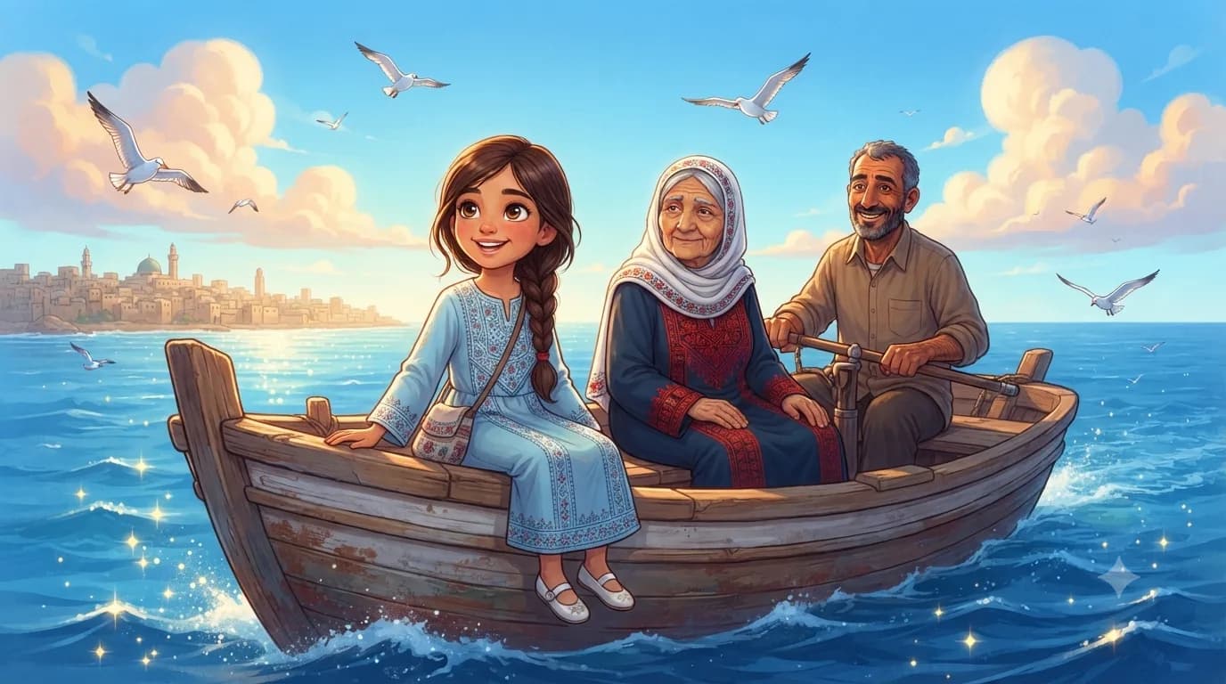 Noor and her grandmother on a fisherman's boat out at sea