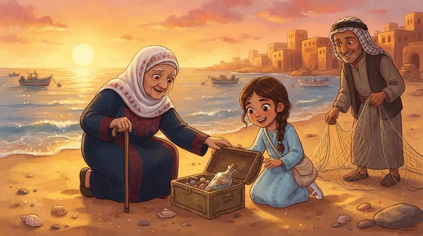Noor, her grandmother, and the fisherman inspecting the wooden box on shore