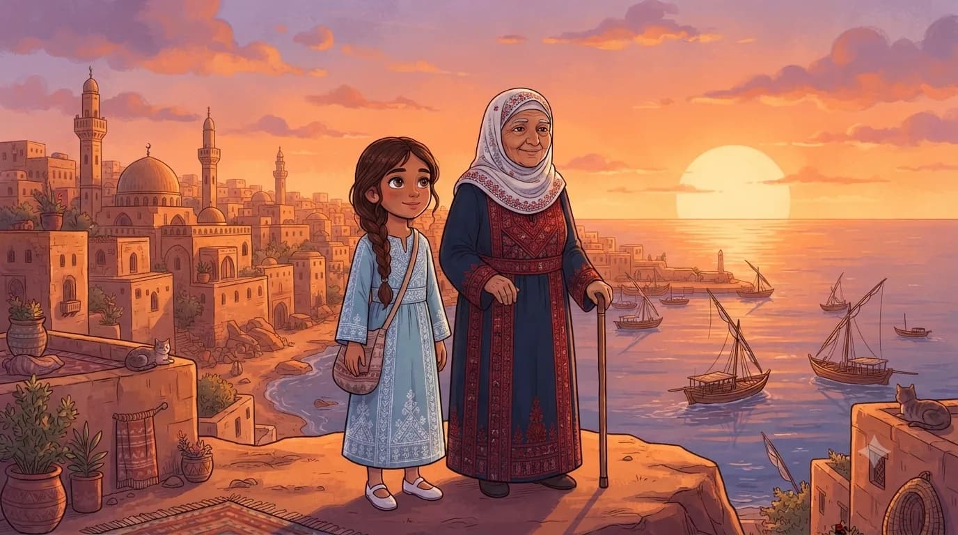 Noor and her grandmother looking out over the city and sea of Gaza