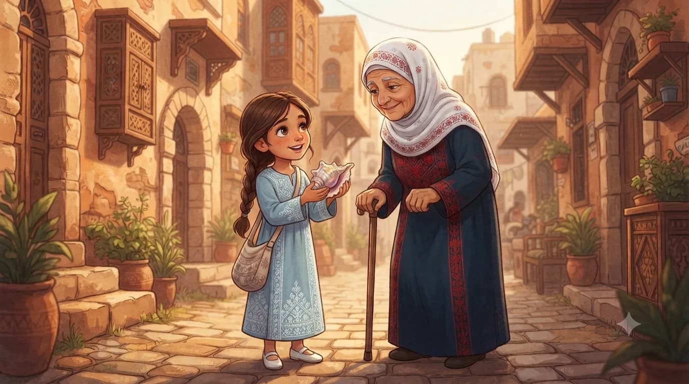 Grandmother gifting Noor a beautiful seashell souvenir
