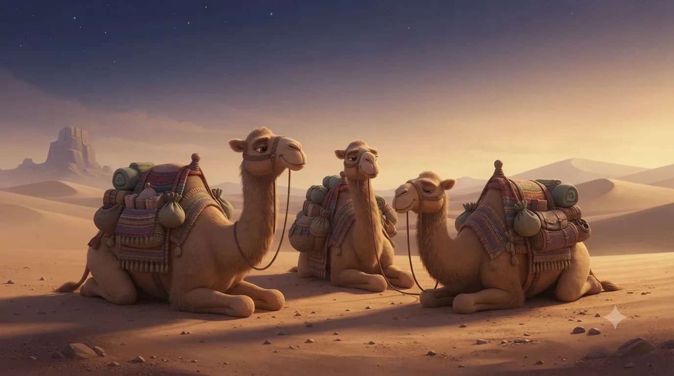 Camels resting in the quiet desert sands