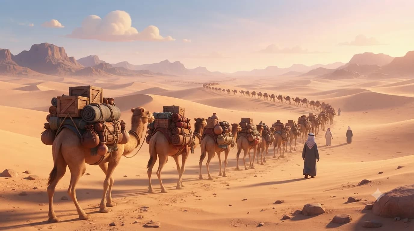 Desert caravans traveling towards Syria