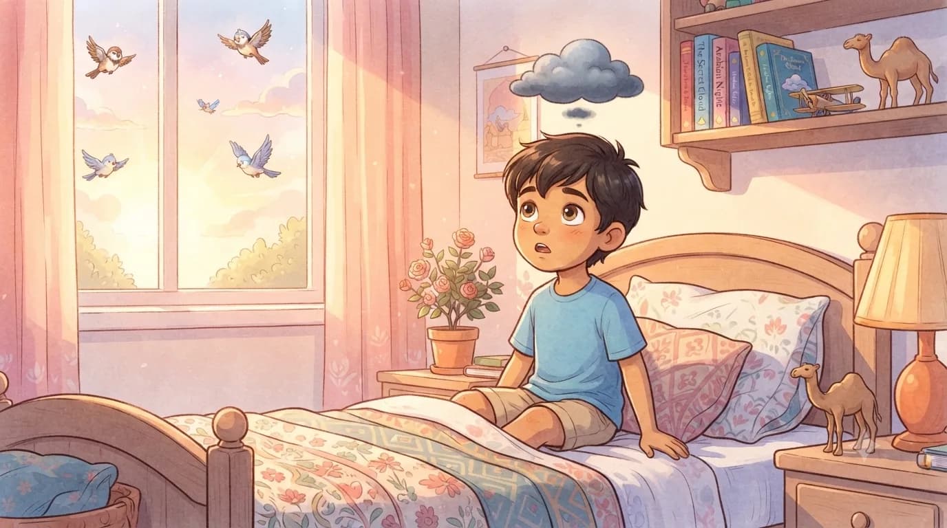 Sami waking up with a little grey cloud floating right above his head.