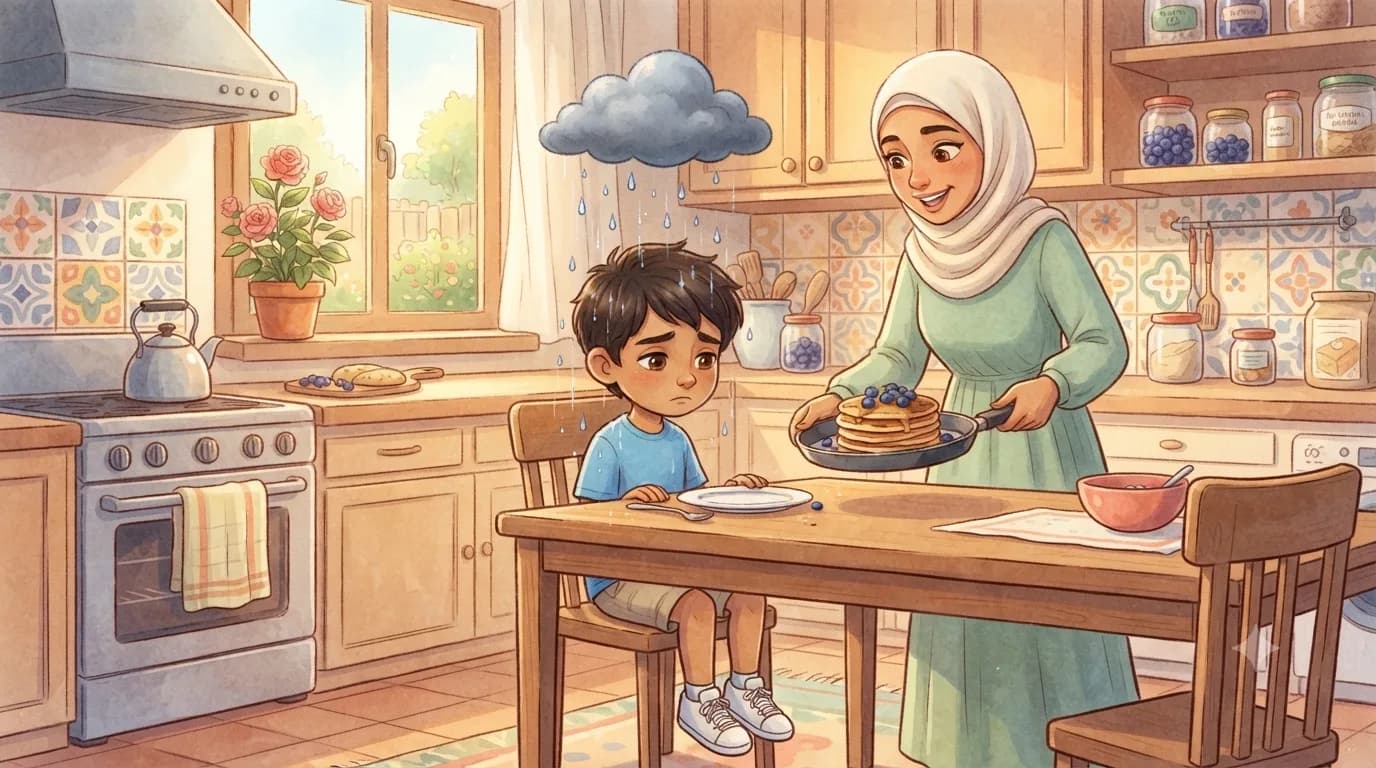 Sami sitting at the kitchen table, feeling too sad to eat.
