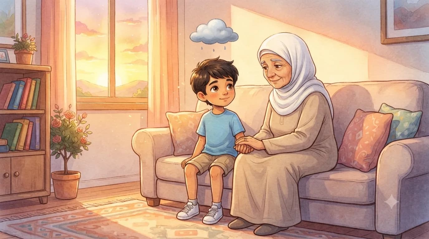 Sami sitting warmly with his grandmother, sharing his secret.