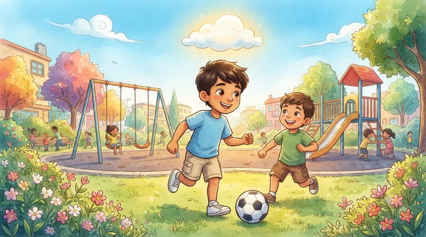 Sami running and laughing on the sunny field with his friends.