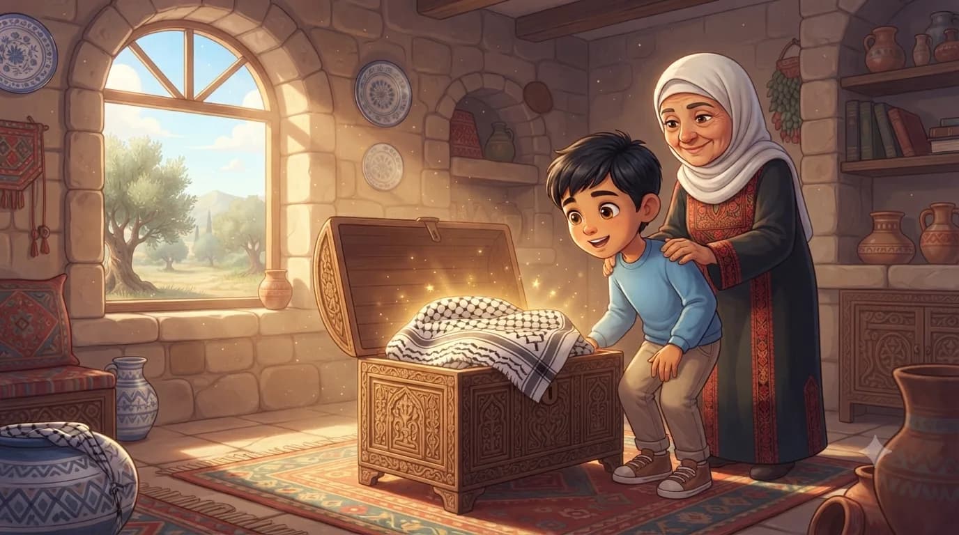 Ahmed discovering the magic keffiyeh inside an antique wooden chest