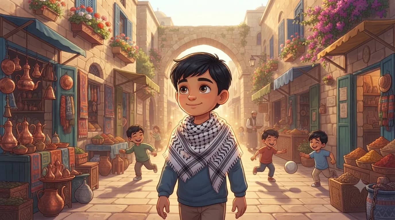 Ahmed standing among the ancient sunlit stone alleys of Jerusalem