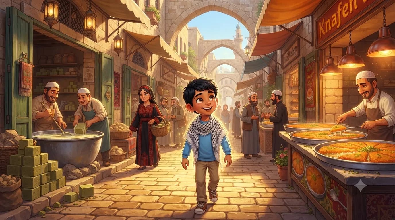 Ahmed tasting warm kunafa in the bustling markets of Nablus