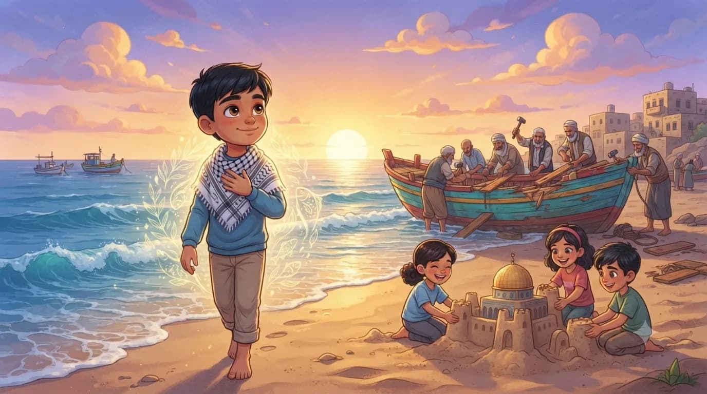 Ahmed watching cheerful fishermen and children on the shores of Gaza