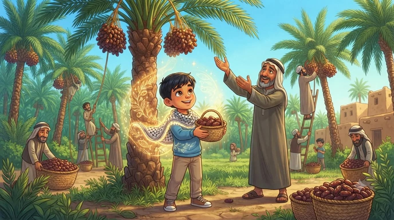 Ahmed picking sweet dates in the sunlit palm groves of Jericho