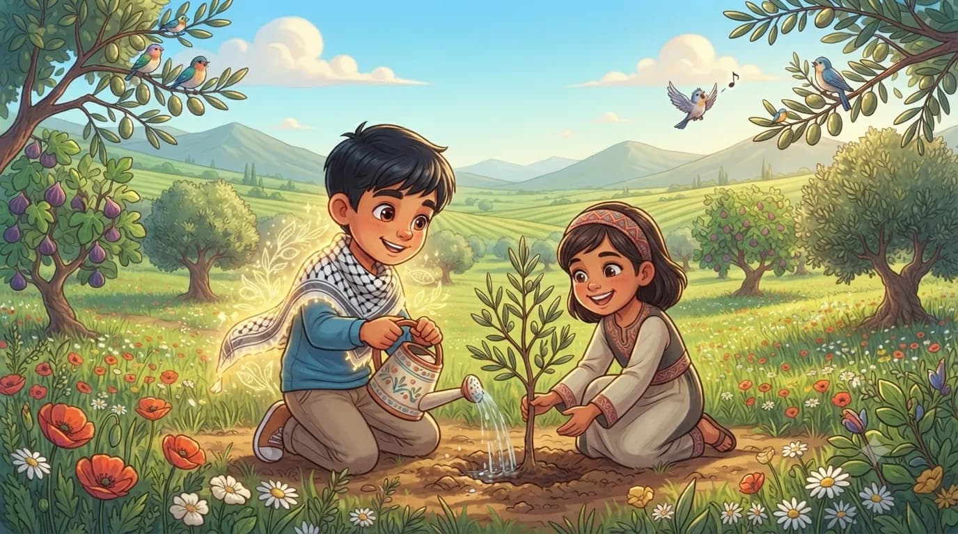 Ahmed helping water a young olive sapling in the green fields of Jenin
