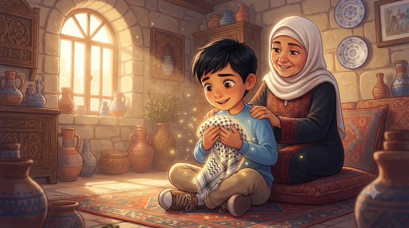 Ahmed smiling happily with his grandmother and the magic keffiyeh