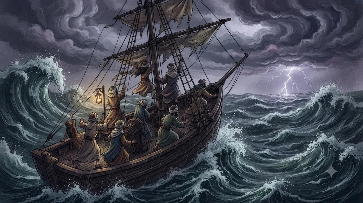 A violent storm tossing the ship at sea
