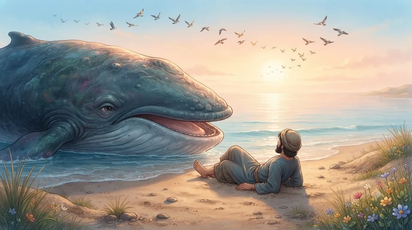The whale gently delivering Prophet Yunus onto the seashore