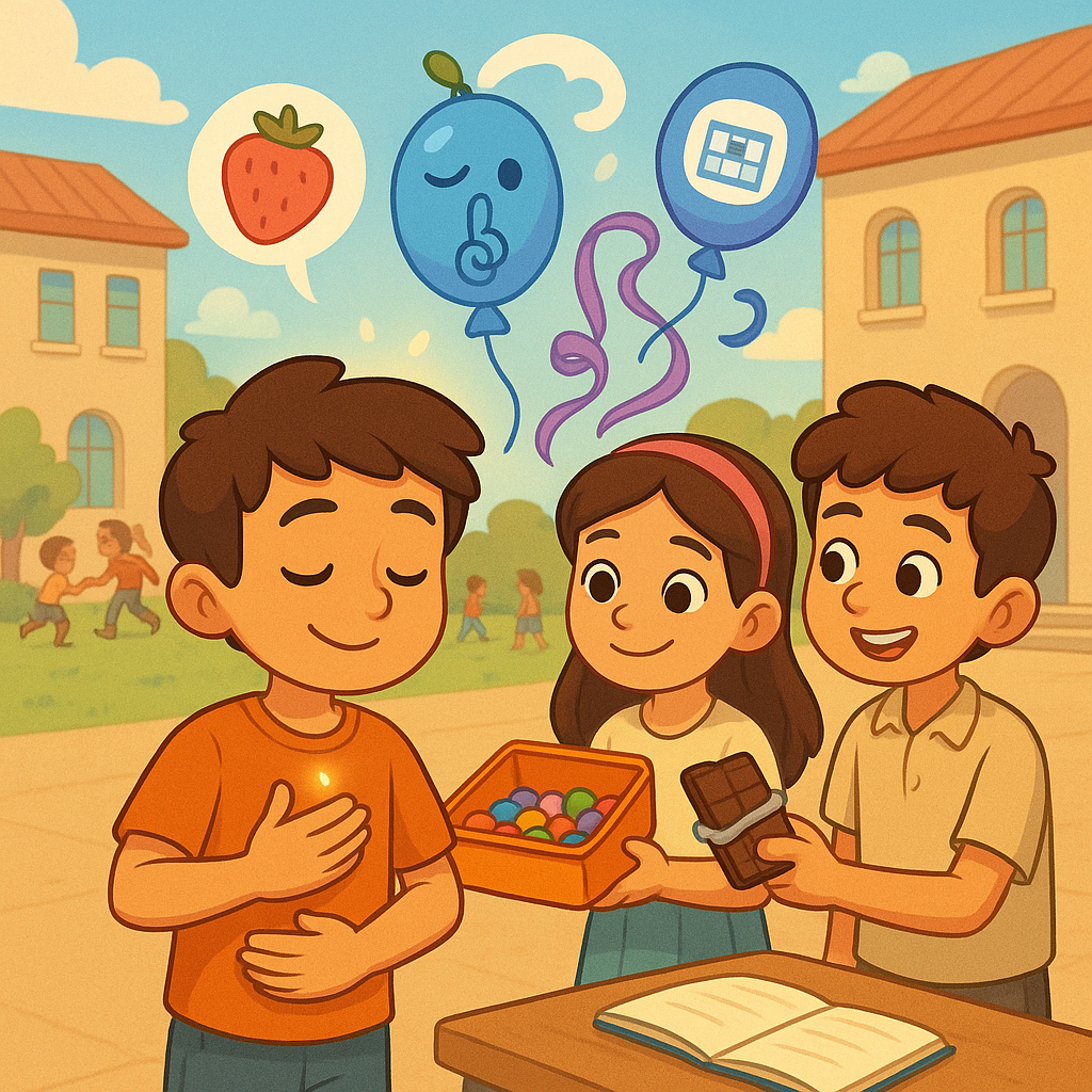 صورة كرتونية لطفلٍ صائم يعيش يومه في رمضان: مدرسة، مقاومة المغريات، مساعدةٌ تطوعية، ثم إفطار عائلي عند الغروب.