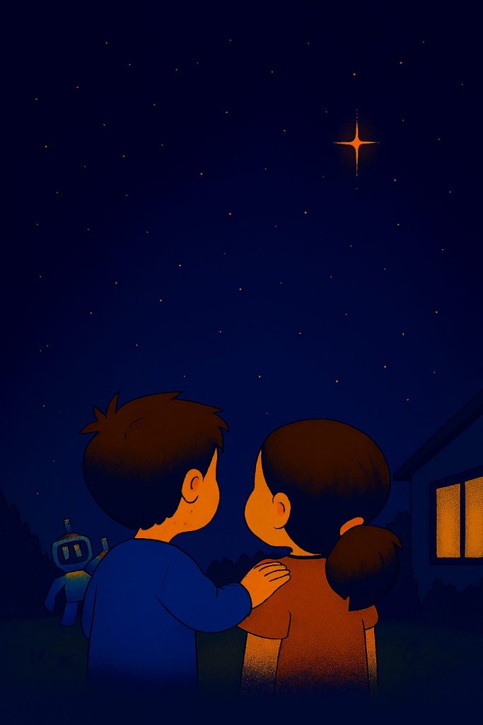 Children stargazing with a robot.