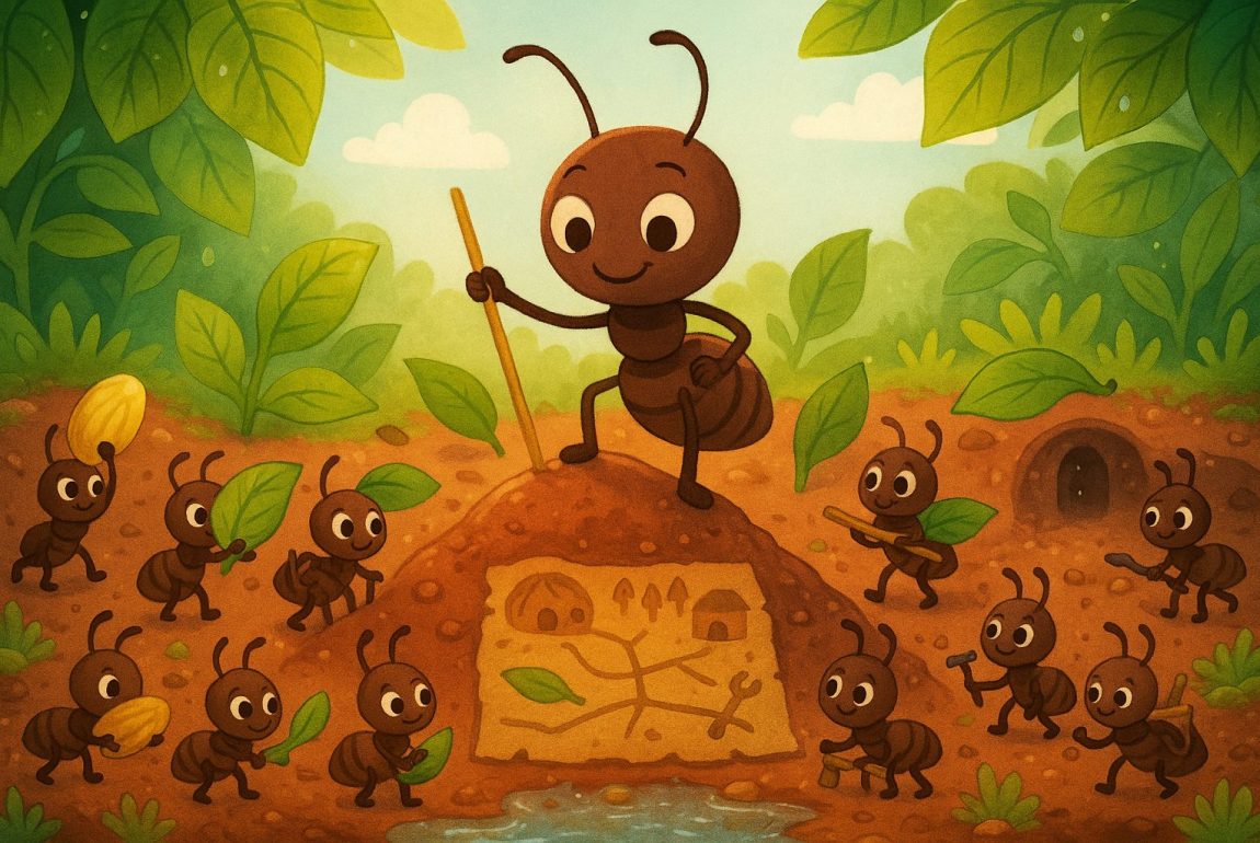 صورة كرتونية لنملة مع رفيقاتها يعملن على بناء بيت النمل الجديد