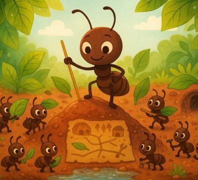 صورة كرتونية لنملة مع رفيقاتها يعملن على بناء بيت النمل الجديد