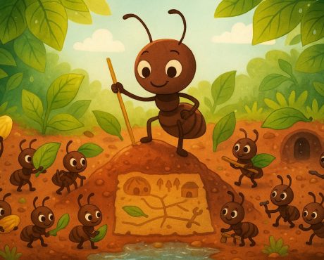 صورة كرتونية لنملة مع رفيقاتها يعملن على بناء بيت النمل الجديد