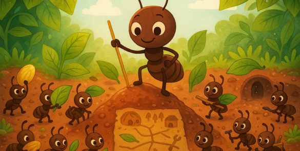 صورة كرتونية لنملة مع رفيقاتها يعملن على بناء بيت النمل الجديد