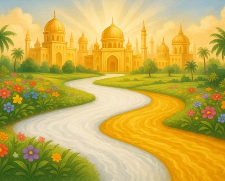 "رسم تعبيري للجنة يظهر فيه قصور ذهبية وأنهار اللبن والعسل وسط حدائق مزهرة وأشجار وارفة.