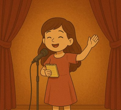 غلاف قصة أحلام ياسمين الصغيرة – فتاة كرتونية تقف على المسرح بفستان وردي وهي تلقي الشعر بابتسامة ودفتر صغير بيدها، خلفها ستارة حمراء وخلفية دافئة.