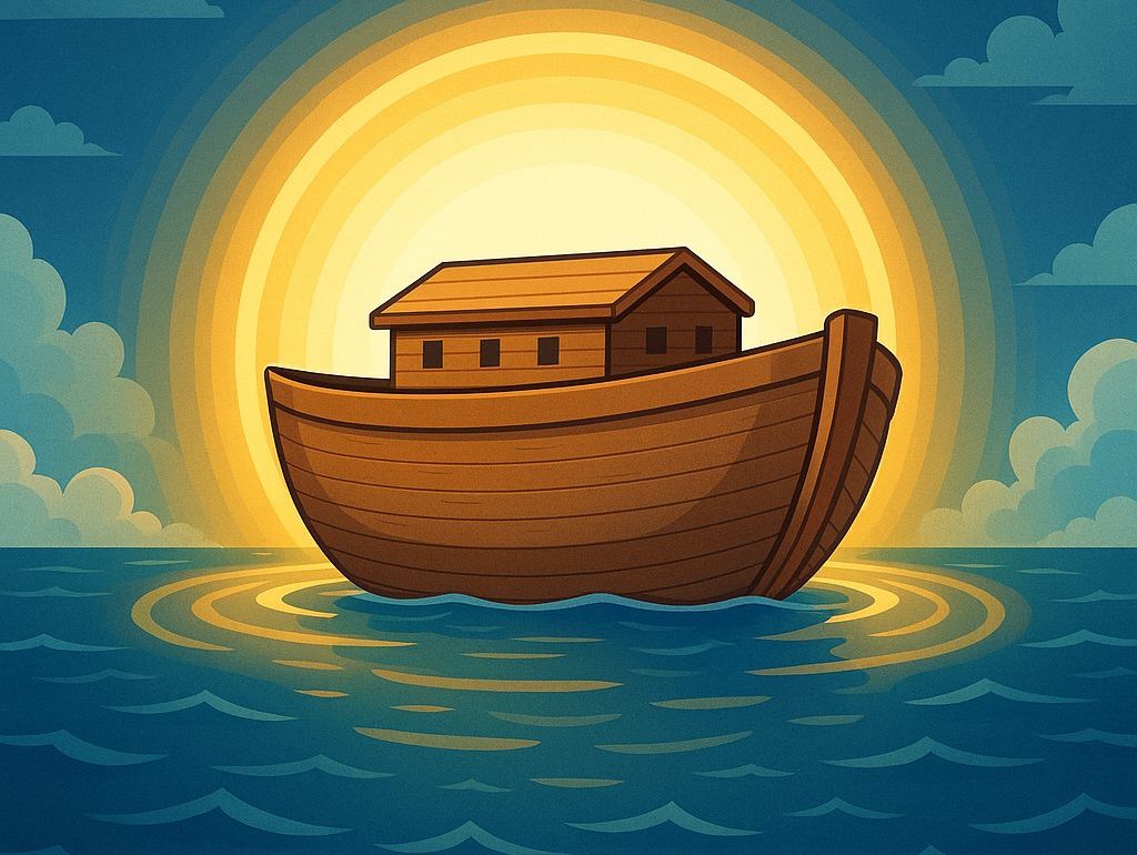 رسم كرتوني لسفينة نوح وسط البحر، محاطة بدوائر من نور ذهبي، تعبير رمزي عن نجاتها بأمر الله.