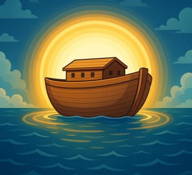 رسم كرتوني لسفينة نوح وسط البحر، محاطة بدوائر من نور ذهبي، تعبير رمزي عن نجاتها بأمر الله.