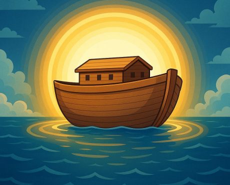 رسم كرتوني لسفينة نوح وسط البحر، محاطة بدوائر من نور ذهبي، تعبير رمزي عن نجاتها بأمر الله.