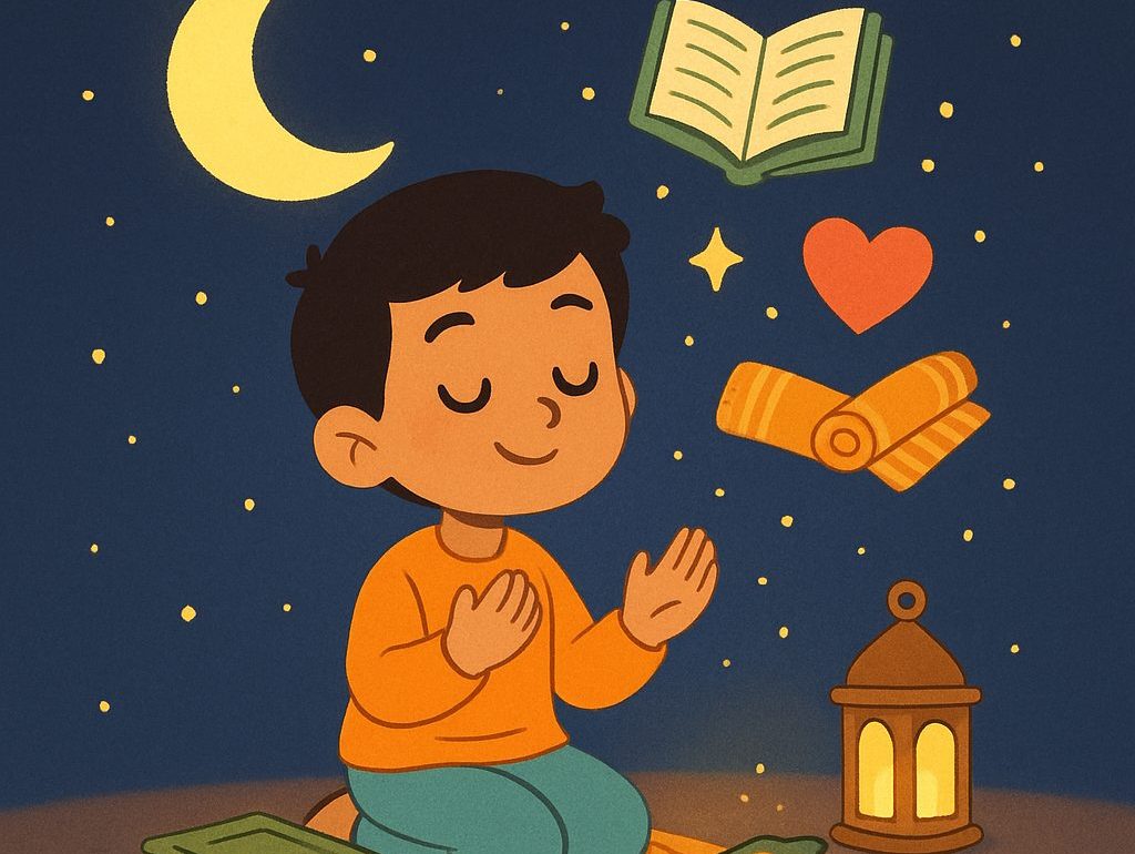 صورة كرتونية لصبي صغير يجلس على سجادة صلاة تحت السماء الليلية، تحيط به رموز إيمانية مثل القرآن، قلب، وهلال.