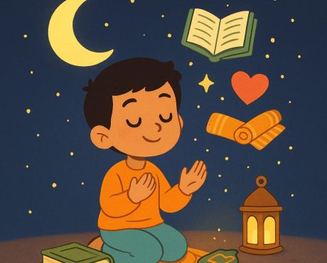 صورة كرتونية لصبي صغير يجلس على سجادة صلاة تحت السماء الليلية، تحيط به رموز إيمانية مثل القرآن، قلب، وهلال.