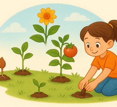 طفلة صغيرة تزرع بذرة وتظهر حولها مراحل نمو النبات من بذرة إلى زهرة وثمرة في حديقة خضراء، صورة تعليمية عن دورة حياة البذور للأطفال