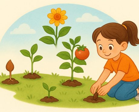 طفلة صغيرة تزرع بذرة وتظهر حولها مراحل نمو النبات من بذرة إلى زهرة وثمرة في حديقة خضراء، صورة تعليمية عن دورة حياة البذور للأطفال